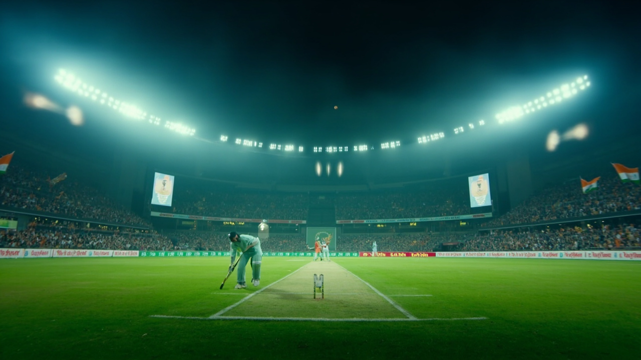 Indian cricket stadium at night