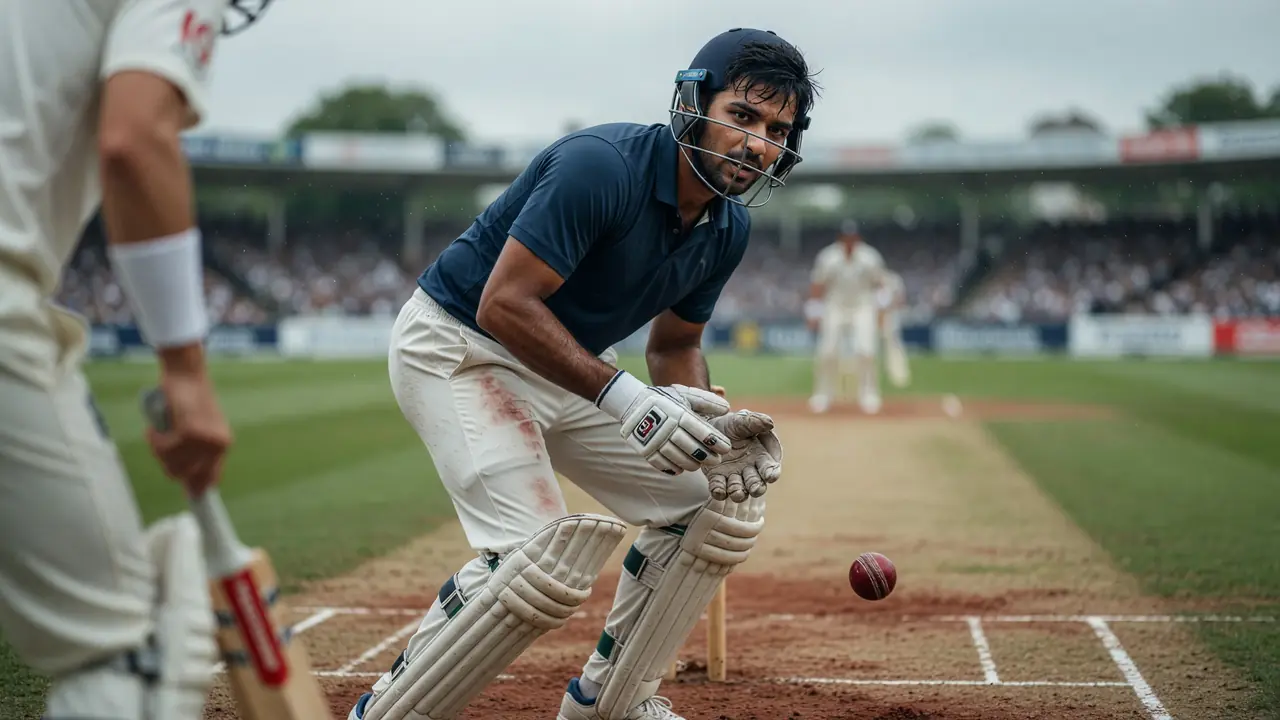 Close sideline action of a batter driving through the off side during a Test match with shallow depth of field