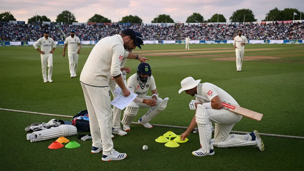 Medium tactical view of fielders set around the bat with the bowler’s approach and pitch visible during a Test session