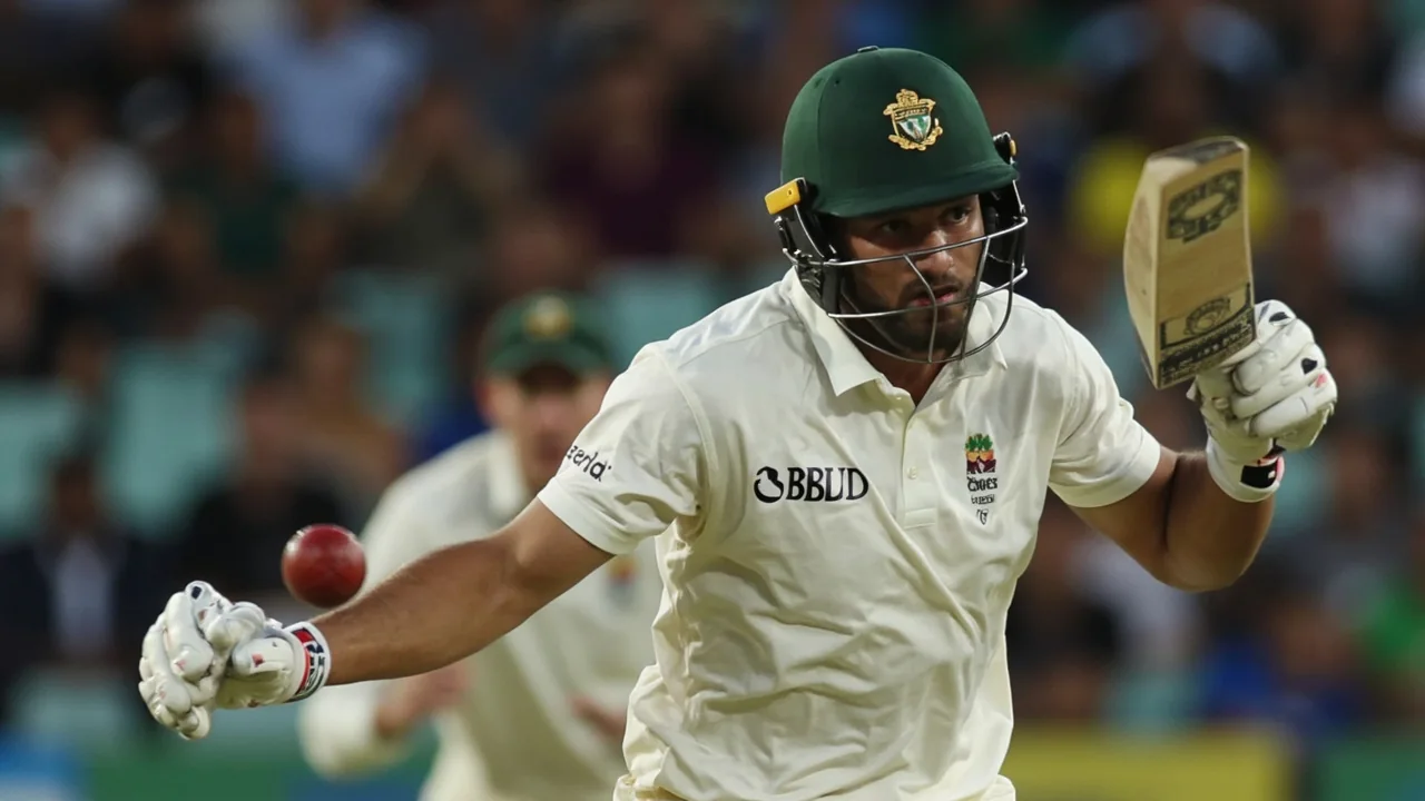 Cricket pacer in mid-delivery stride under bright sunshine with stumps and batter visible in background